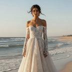 Romantic Off the Shoulder Floral Lace Ball Gown Wedding Dress