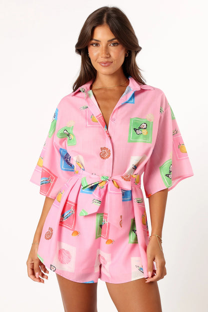 Kellie Romper Pink Stamp Print