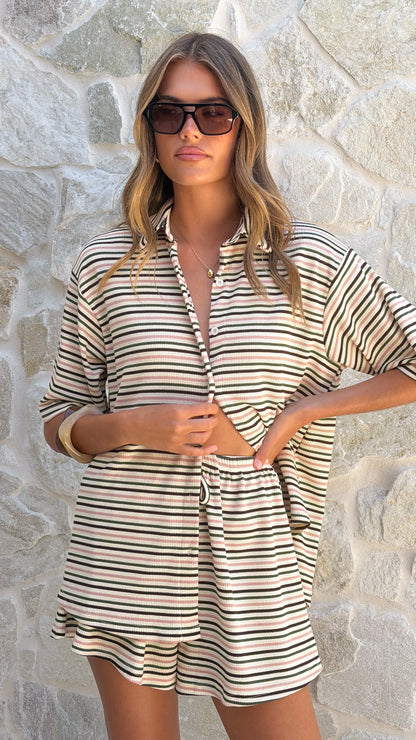 Tali Button Up Shirt and Shorts Set Beige Green Stripe