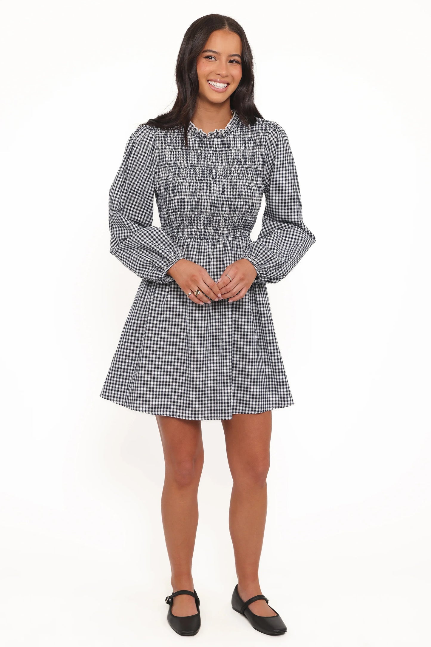 Jessen Long Sleeve Mini Dress Navy Gingham