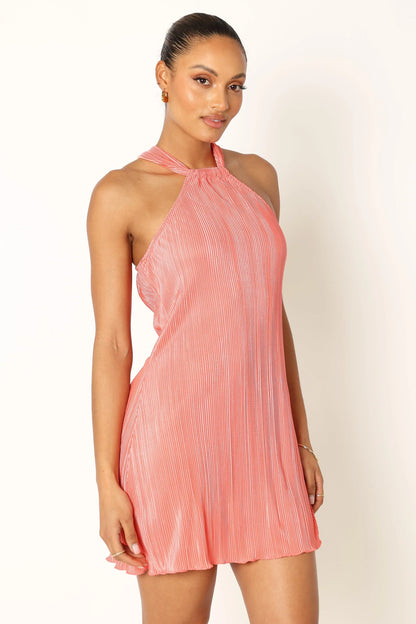 Melody Plisse Halter Mini Dress Coral