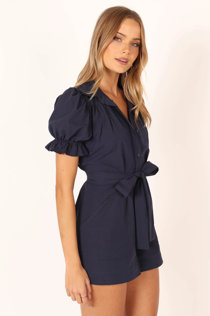 Riley Waist Tie Romper Navy