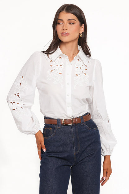 Aeloria Button Front Shirt White Embroidery
