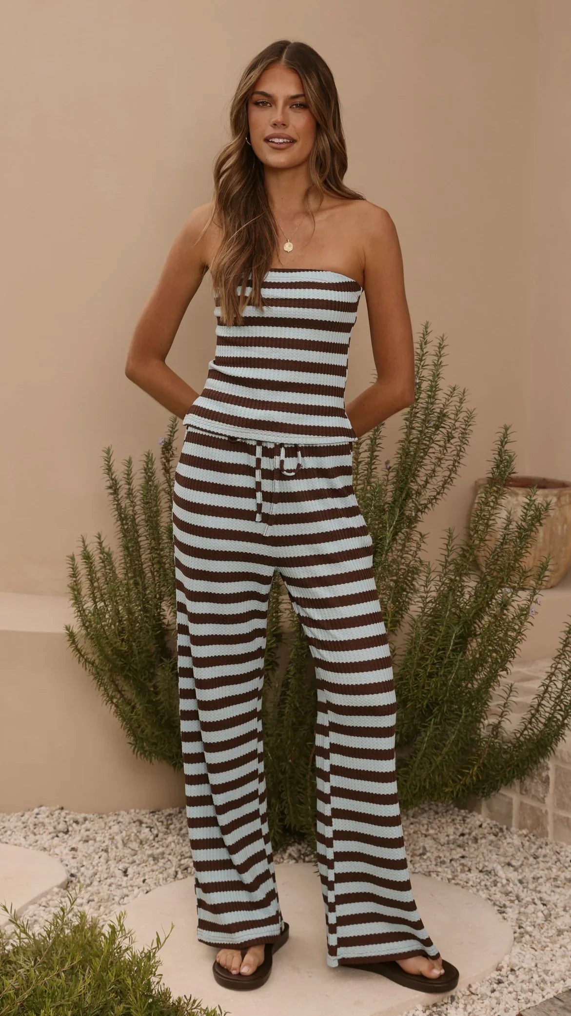 Milla Strapless Top Pants Set Brown Blue Stripe