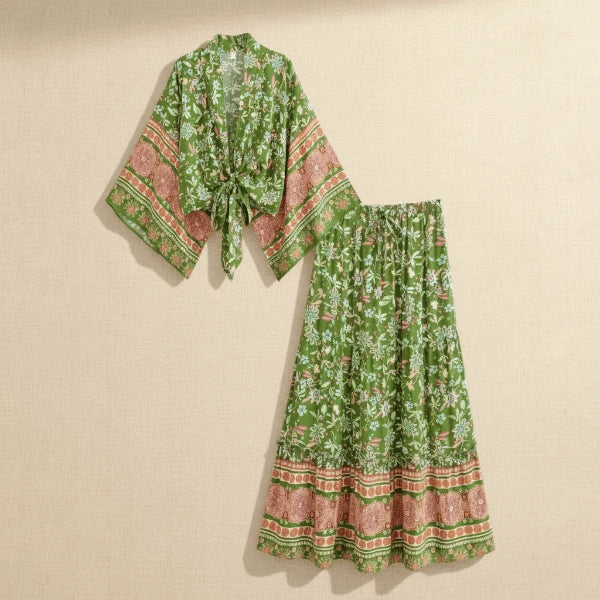 Green Floral Kimono Crop Top Maxi Skirt Set