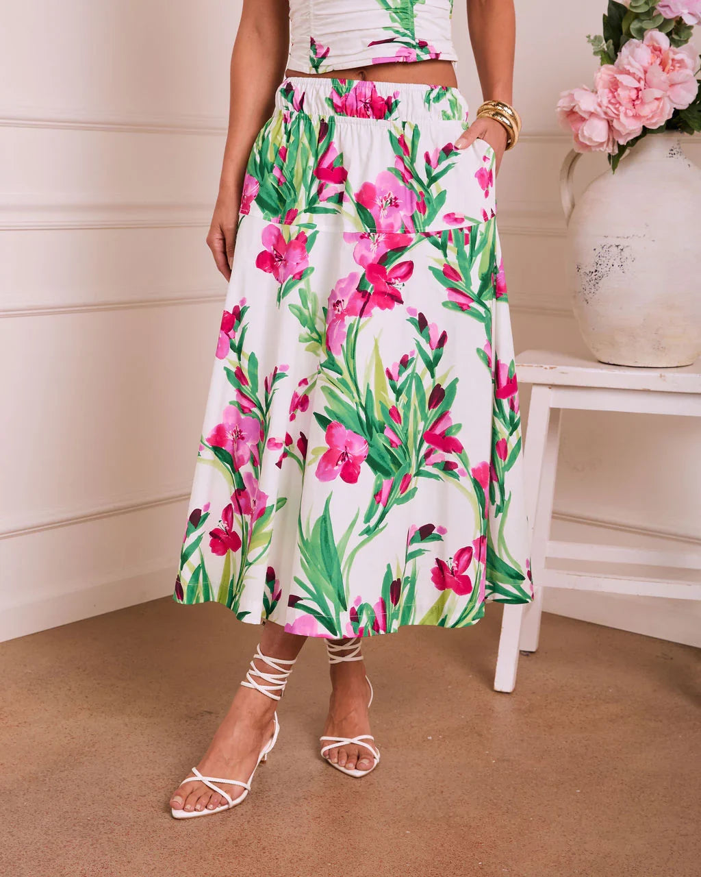 Fresh Gardenia Floral Midi Skirt