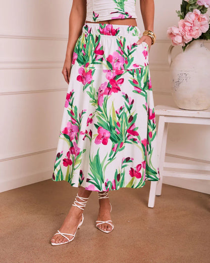 Fresh Gardenia Floral Midi Skirt