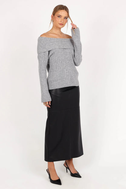 Kenny Off Shoulder Knit Sweater Grey