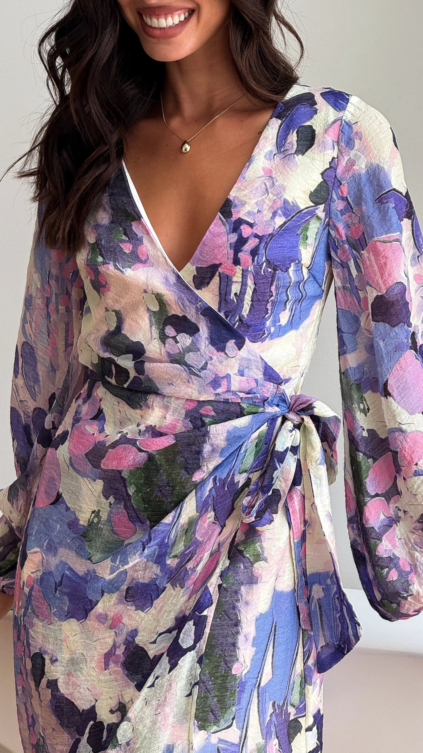 Jemma Long Sleeve Mini Dress Purple Abstract