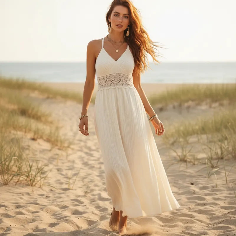 White Lace Open Back Maxi Dress