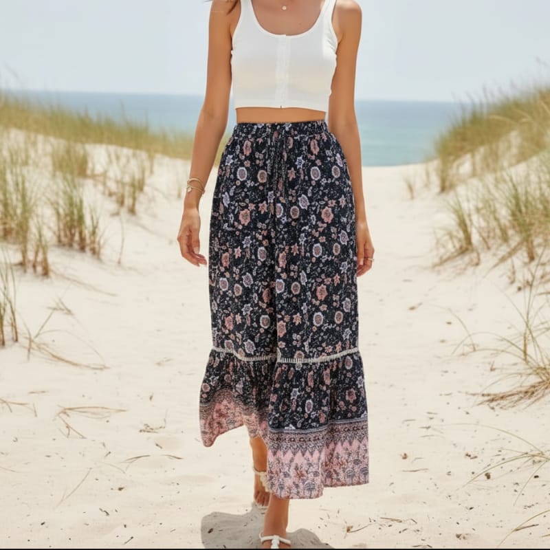 High Waist Floral Boho Maxi Skirt