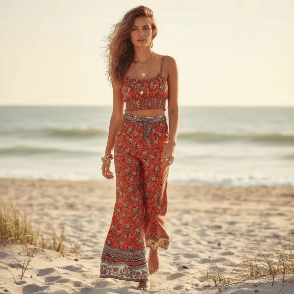 Rust Floral Crop Top Wide Leg Pants Set