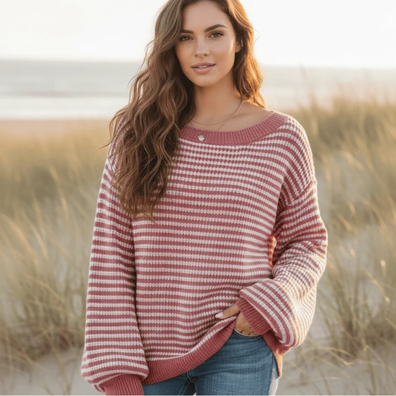 Boho Striped Slash Neck Lantern Sleeve Sweater
