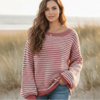 Boho Striped Slash Neck Lantern Sleeve Sweater