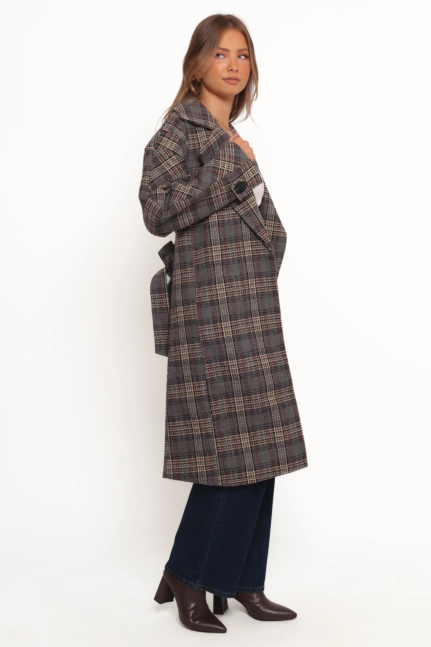 Torie Waist Tie Long Coat Grey Check