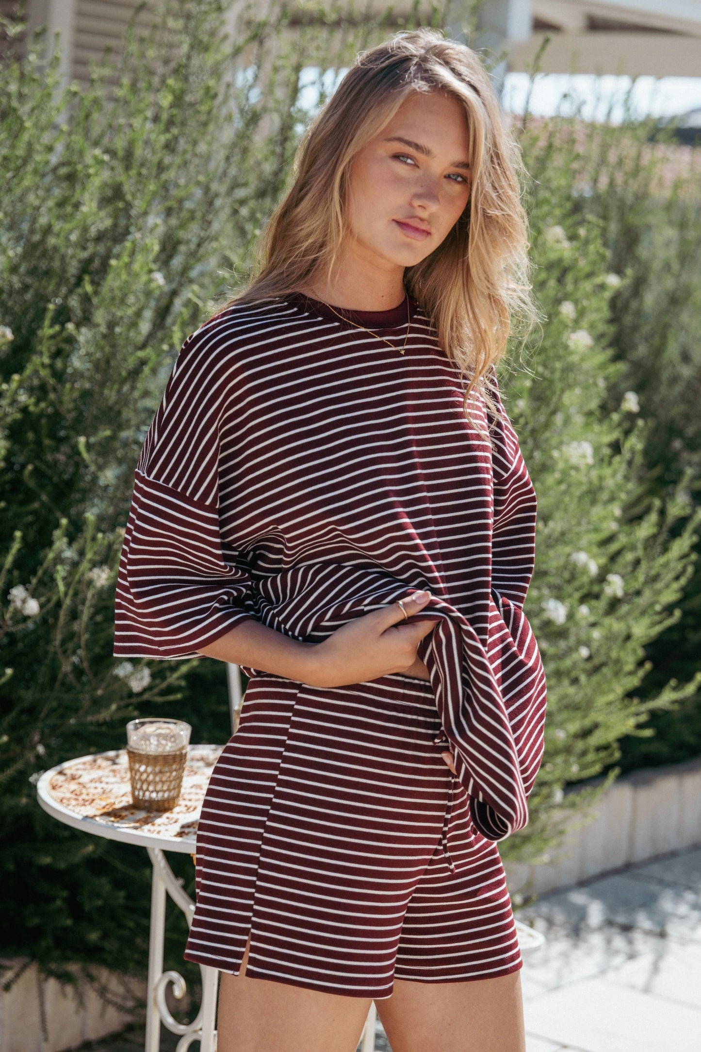 Hellen Stripe Short Set Burgundy Cream Stripe