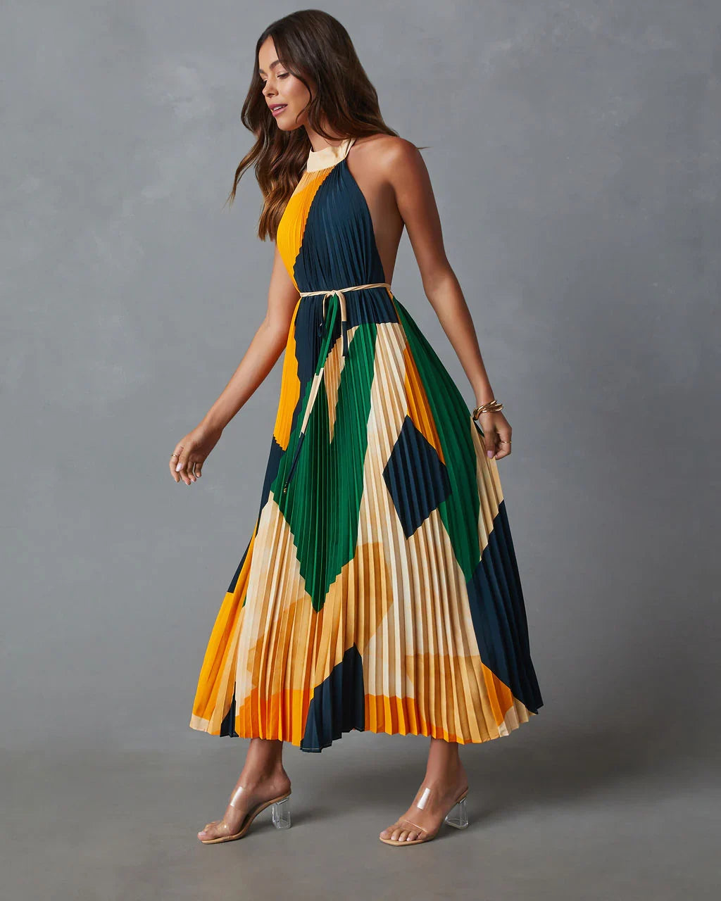 Cheyenne Abstract Pleated Halter Midi Dress