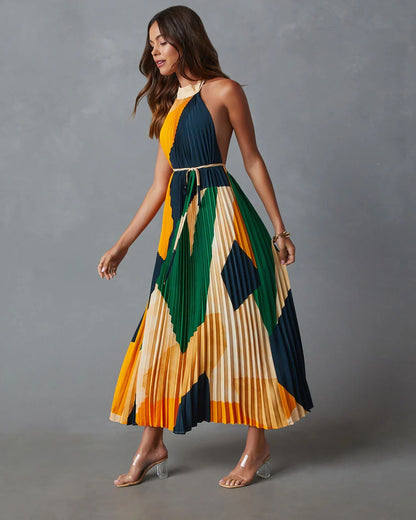 Cheyenne Abstract Pleated Halter Midi Dress