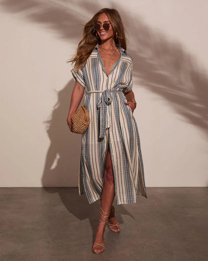 Falling Sun Striped Midi Shirt Dress