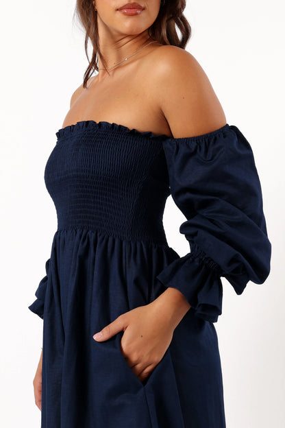 Domenica Shirred Long Sleeve Dress Navy