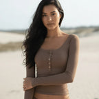 Ribbed Henley Long Sleeve Crop Top