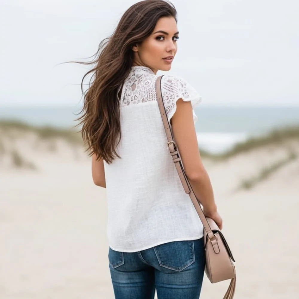 White Boho Lace Short Sleeve Blouse