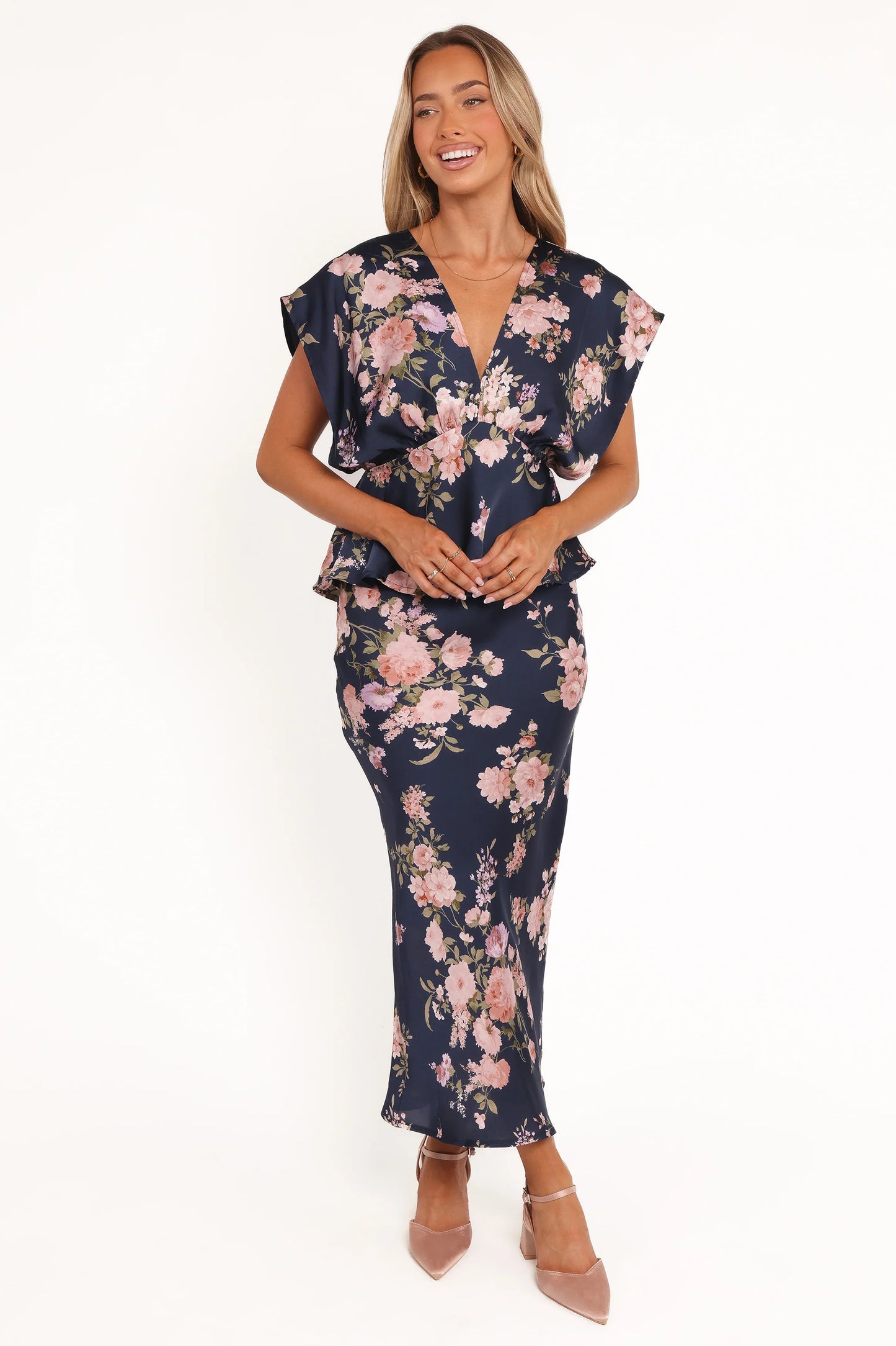 Kenna Satin Midi Skirt Navy Floral