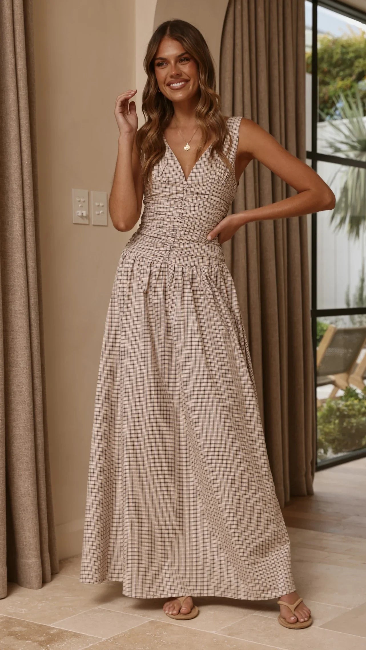 Sanya Maxi Dress Beige Check