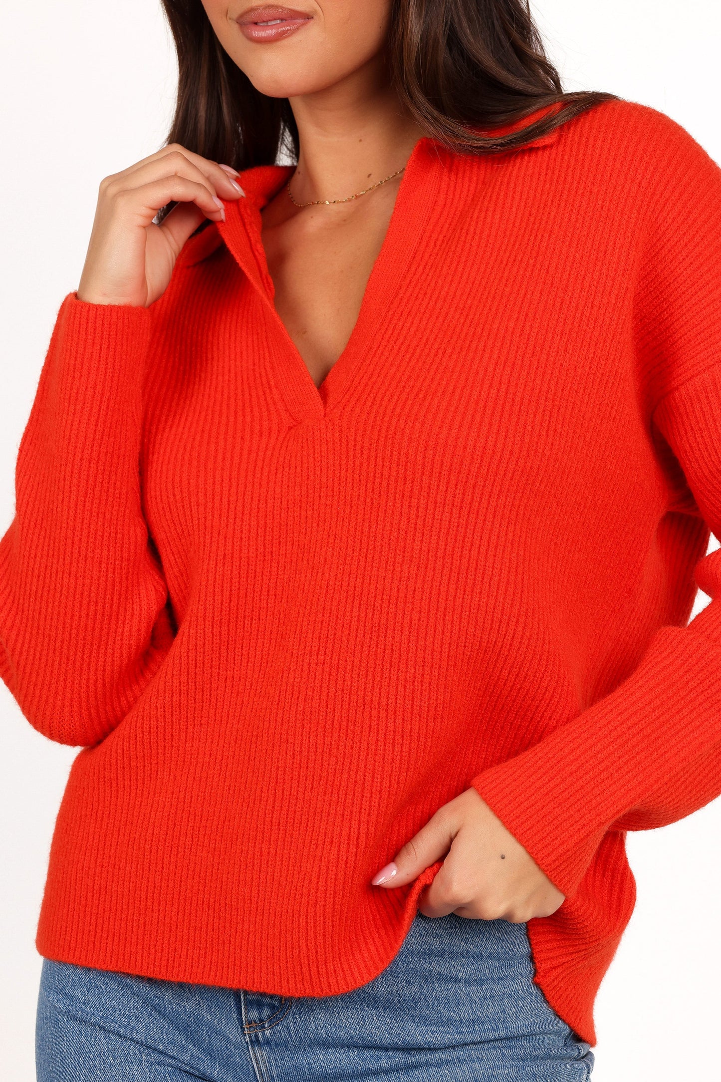 Zala Vneck Collar Knit Sweater Red