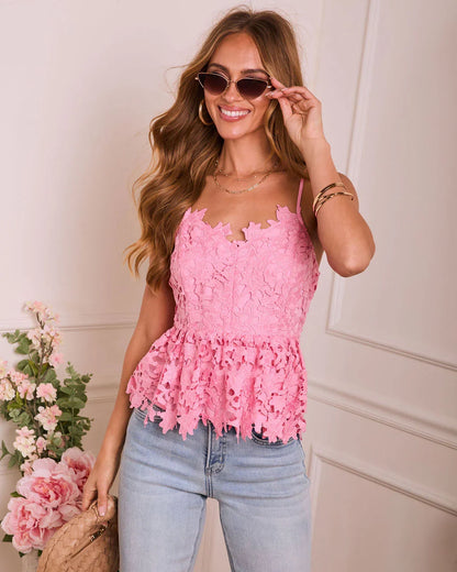 Picturesque Open Floral Lace Crochet Peplum Top