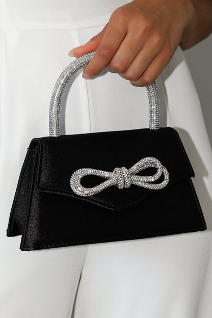 Flicka Rhinestone Bow Bag Black Satin