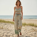 Sage Green Floral Crop Top Wide Leg Pants Set
