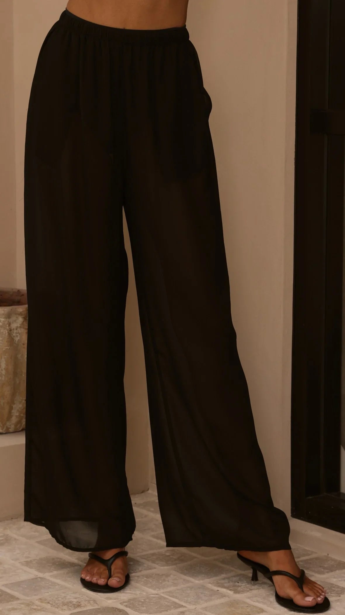 Zaire Long Line Sheer Top and Pants Set Black