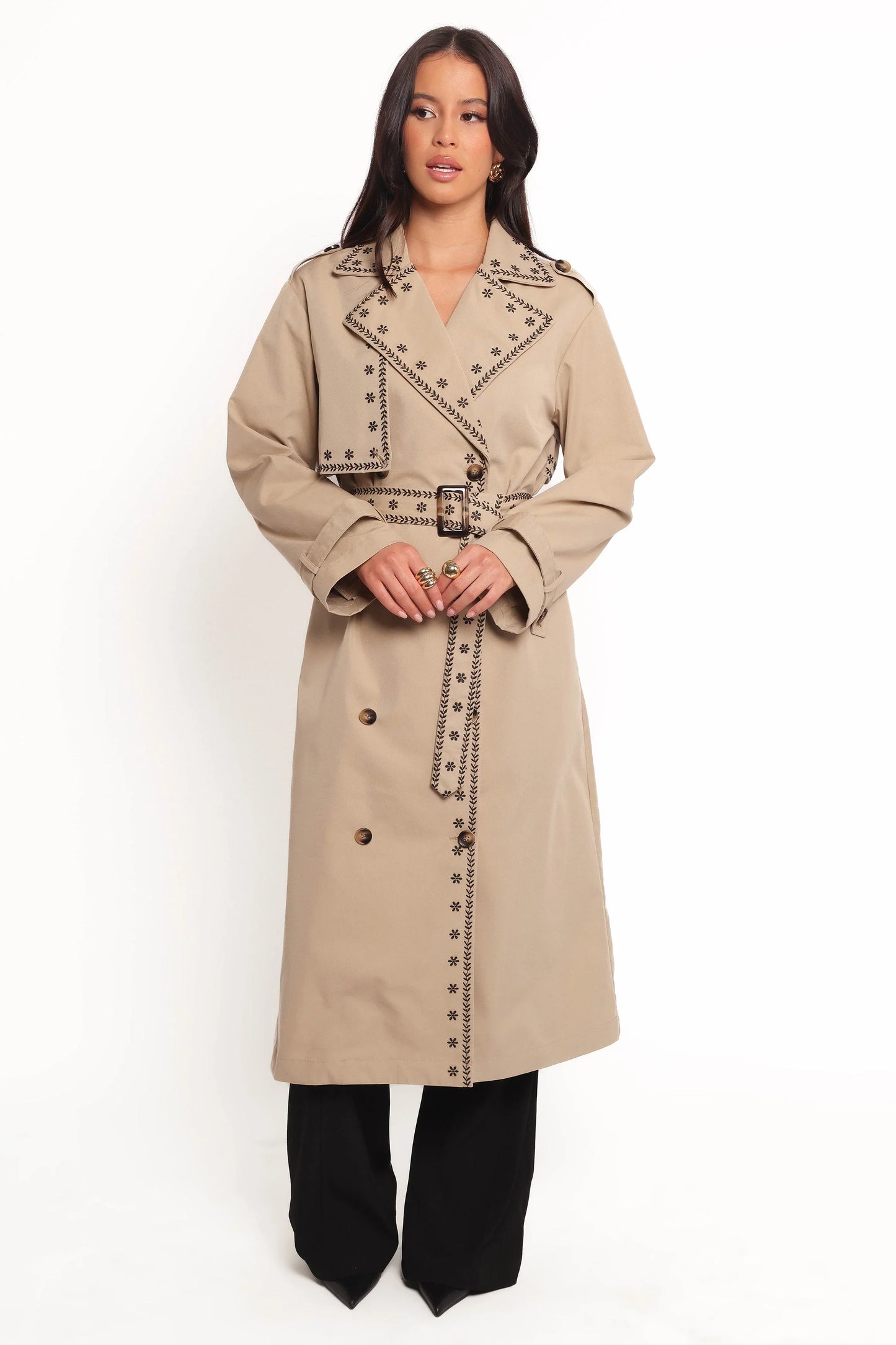 Grayson Embroidered Trim Trench Coat Taupe
