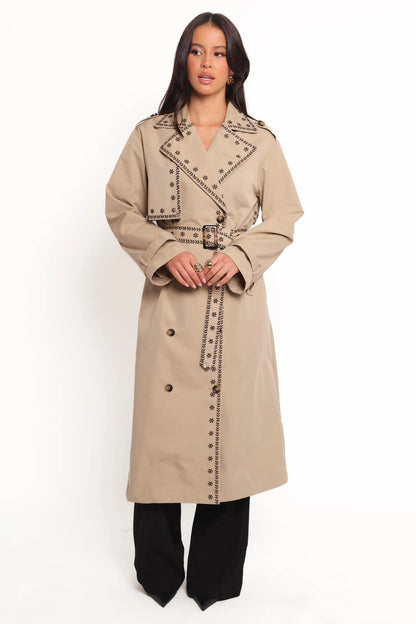 Grayson Embroidered Trim Trench Coat Taupe