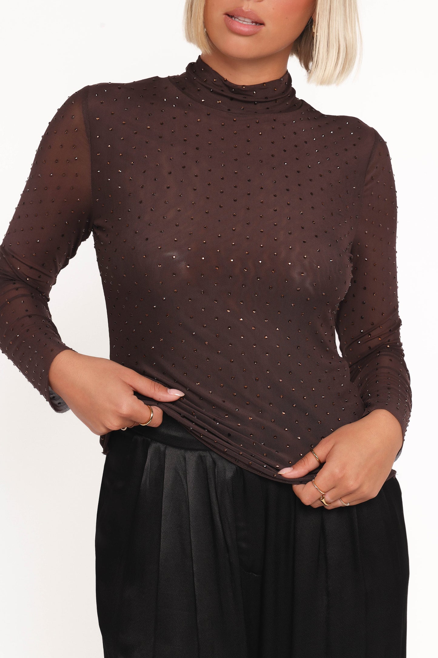 Alejandra Embellished Mesh Top Dark Chocolate