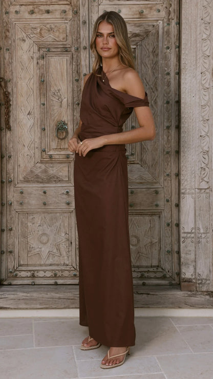 Larissa One Shoulder Maxi Dress Brown