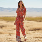 Crimson Bloom Boho Floral Wide Leg Jumpsuit with Pockets