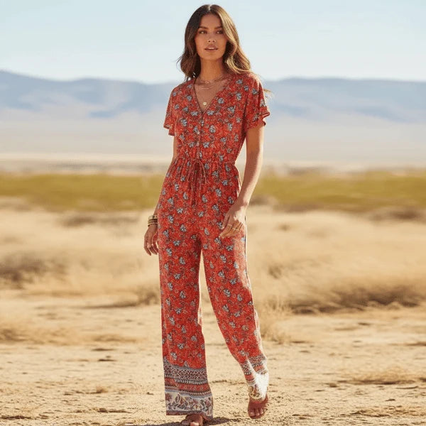 Crimson Bloom Boho Floral Wide Leg Jumpsuit with Pockets