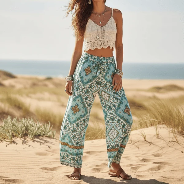 Turquoise Mosaic Boho Wide Leg Pants