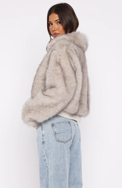 Glacial Chic Faux Fur Bomber Jacket Smokey Taupe