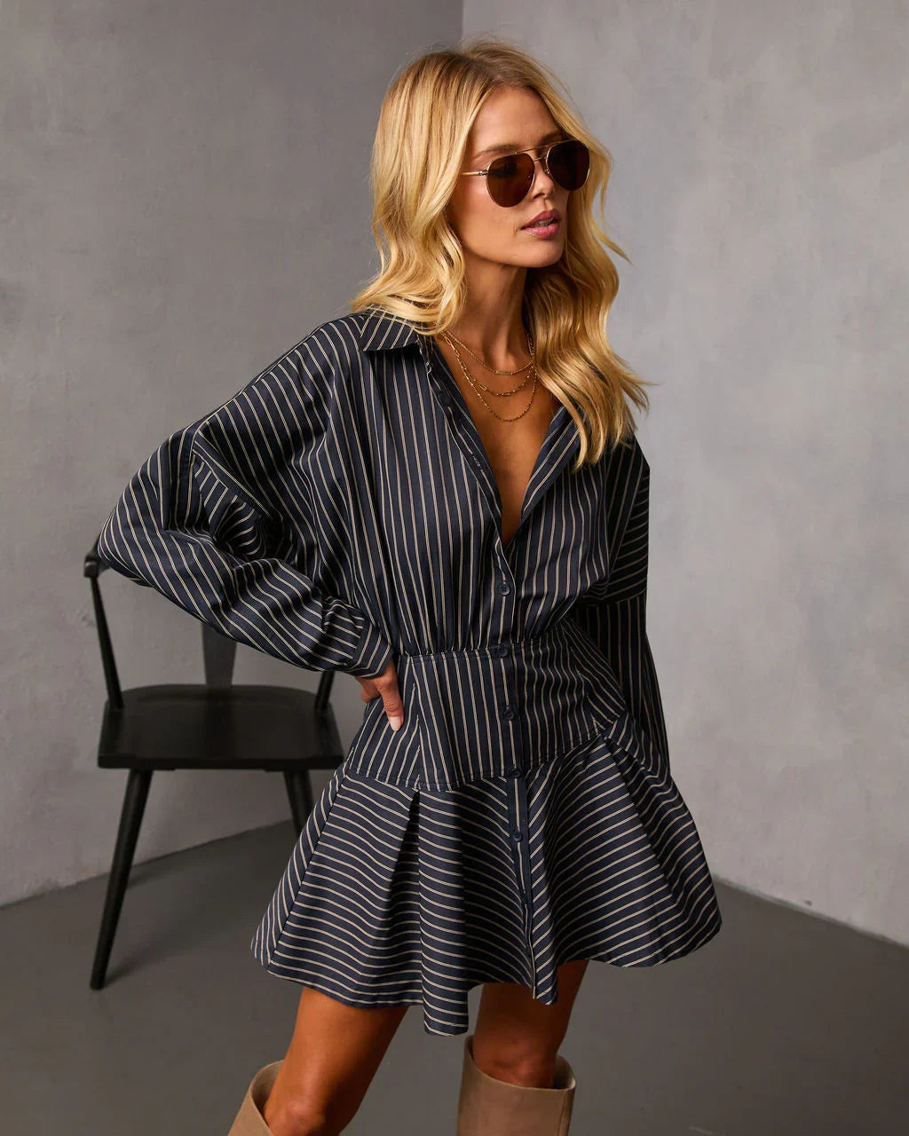 Margen Pinstripe Fit And Flare Mini Shirt Dress