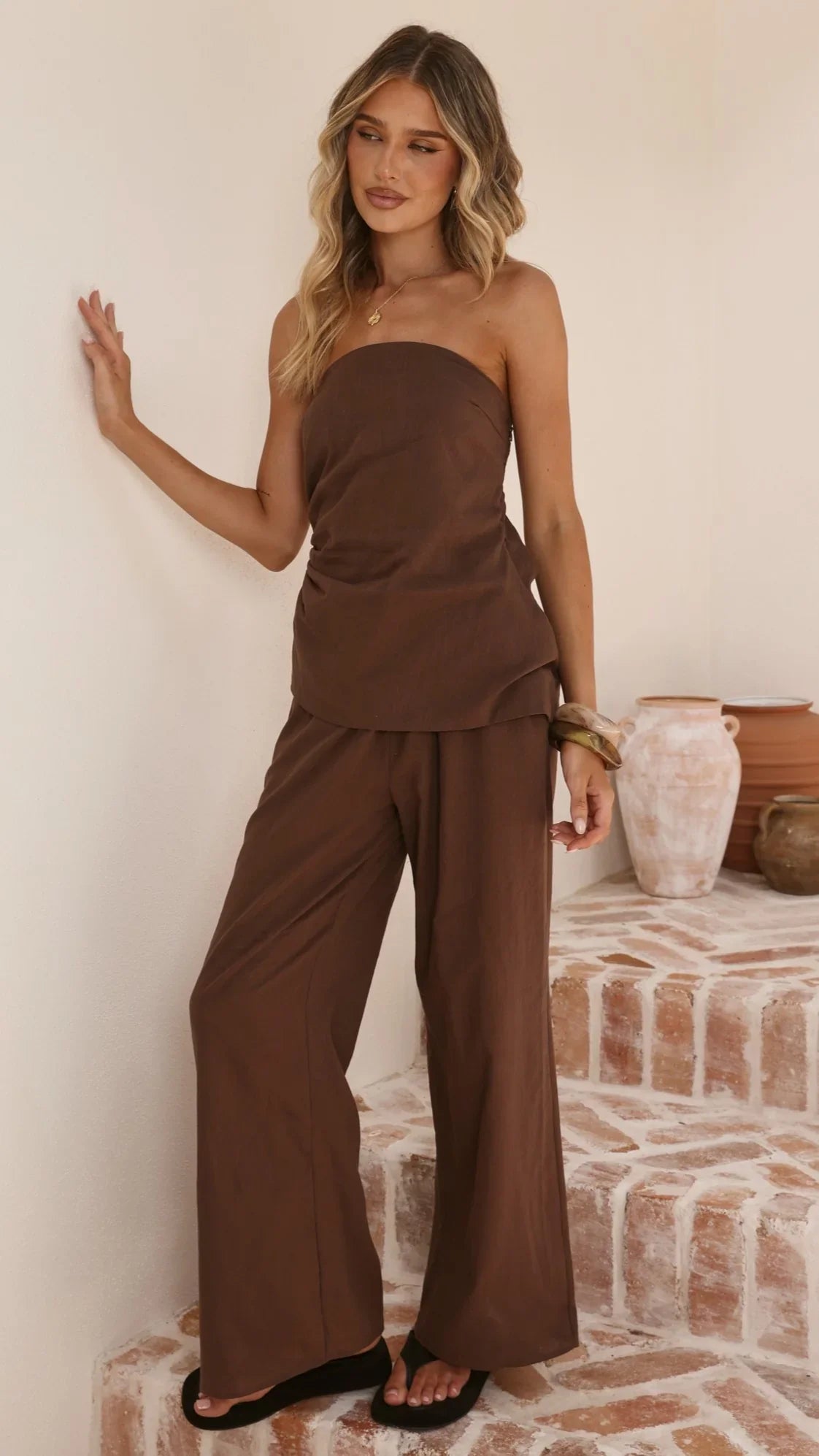 Yuki Strapless Top and Pants Set Chocolate