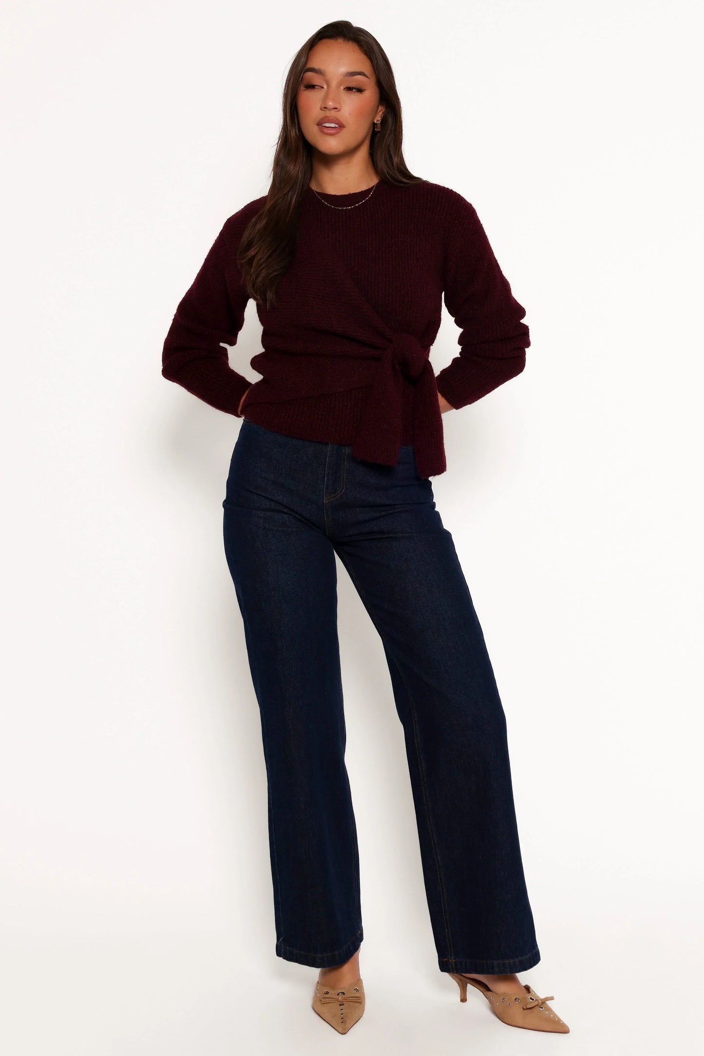 Ettie Wrap Side Tie Knit Sweater Burgundy