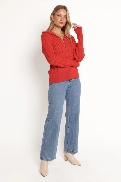 Frida Quarter Zip Knit Sweater Red