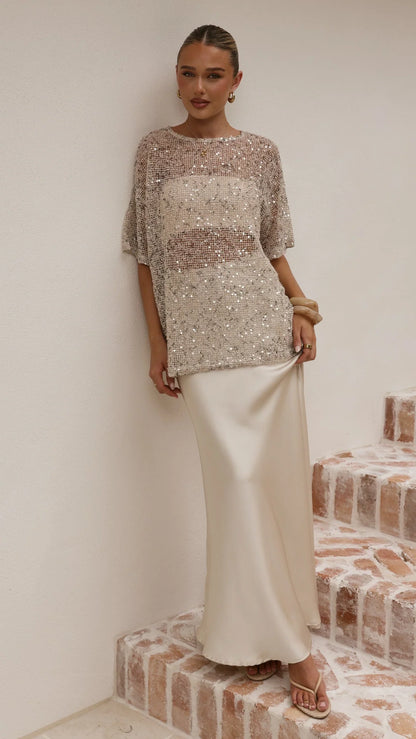 Zinnia Oversized Sequins Tee Beige