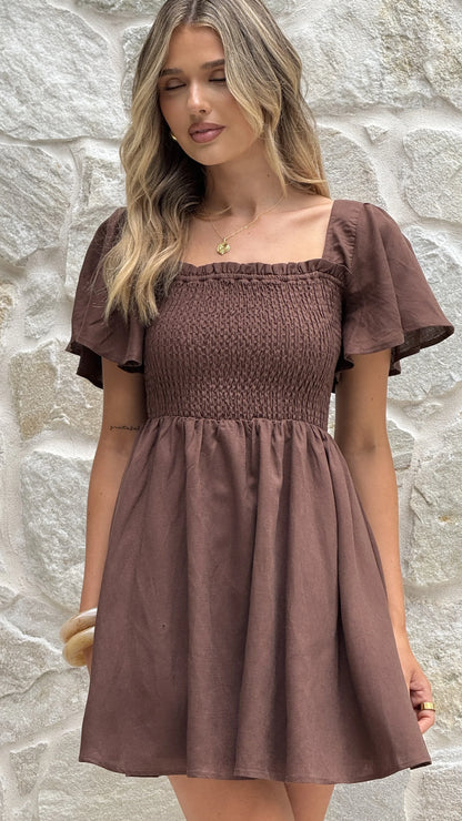 Molly Linen Mini Dress Chocolate