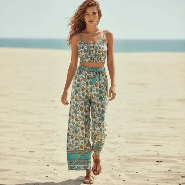Sage Floral Crop Top Wide Leg Pants Set