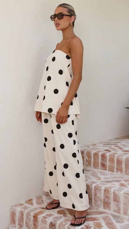 Hazelle Strapless Top Beige Black Polka Dot
