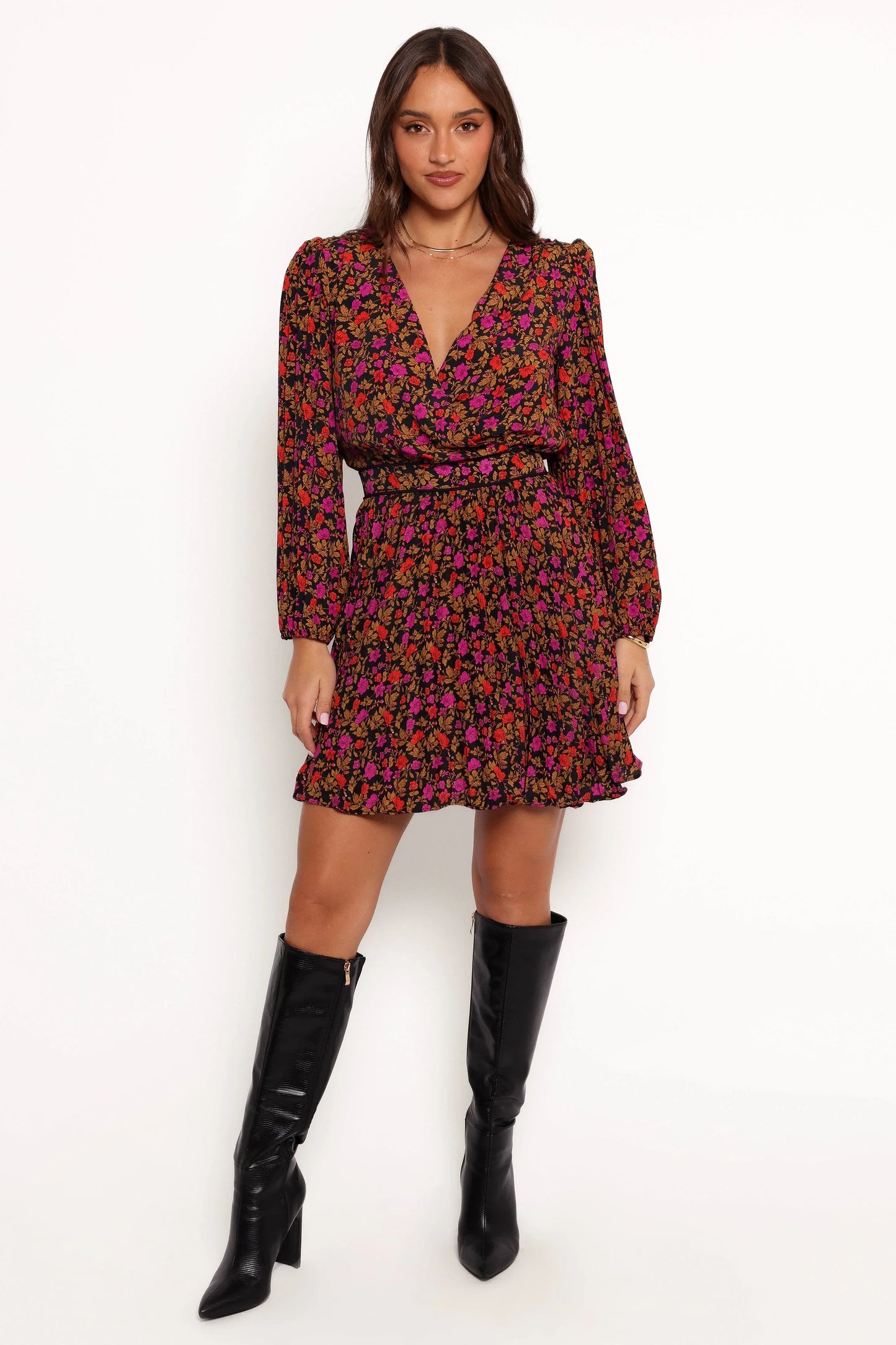 Zephyr Long Sleeve Mini Dress Black Magenta
